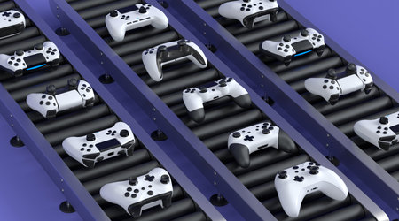 Set of gamer joysticks or gamepads on factory line on violet backgroundの写真素材