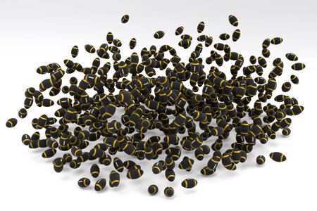 Many of flying black american football ball falling on white background. 3d render of sport accessories for team playing games, exercise and competitionの写真素材