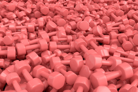 Pile of sport equipment sport like rubber dumbbell, barbell on pink background. 3d render of power lifting, fitness and gym conceptの写真素材