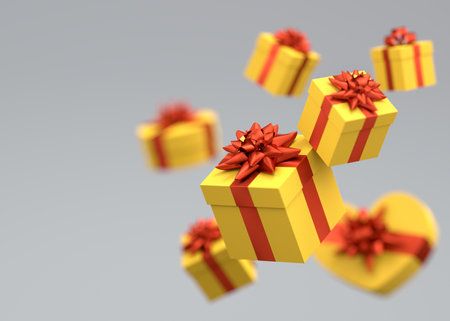 Gift boxes with ribbon and bow flying and falling on grey background. 3d render concept of greeting design Birthday, Merry Christmas, Black friday, New Yearの写真素材