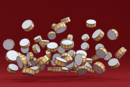 Many of flying drums on red background. 3d render concept of musical percussion instrument, drum machine and drumsetの写真素材