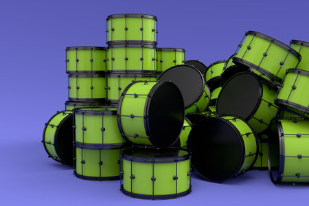 Heap of drums lying on violet background. 3d render concept of musical percussion instrument, drum machine and drumsetの写真素材