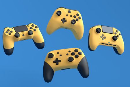 Set of flying gamer joysticks or gamepads on blue background. 3d render of accessories for live...