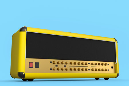 Classical electric and acoustic guitar amplifier isolated on blue background. 3d render of amplifier for recording bass guitar in studio or rehearsal roomの写真素材