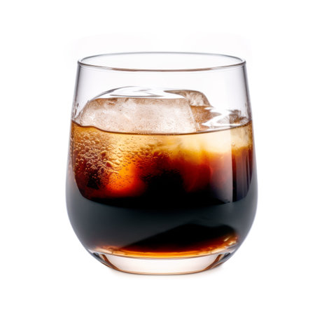 A stylish Black Russian cocktail in crystal-clear glass sits elegantly against a white background, showcasing mix of vodka and coffee liqueurの素材