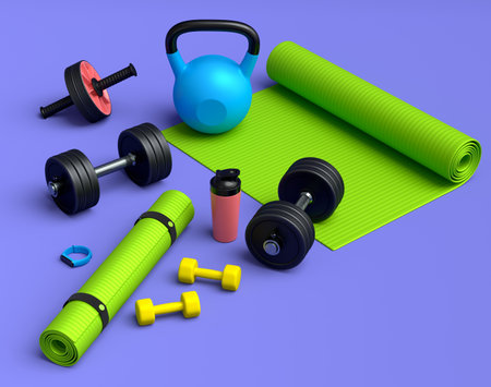 Isometric view of sport equipment like yoga mat, kettlebell, fitness ball and smart watches on violet background. 3d render of power lifting and fitness conceptの写真素材