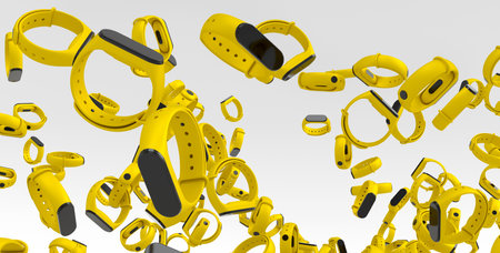 Flying and folling sport equipment like fitness tracker or smart watch with heart rate monitor on...