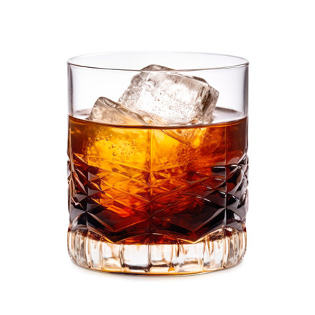 A stylish Black Russian cocktail in crystal-clear glass sits elegantly against a white background, showcasing mix of vodka and coffee liqueurの素材