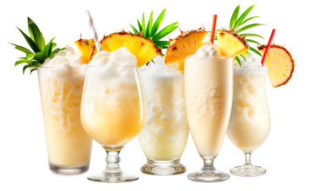 Set of classic Pina Colada cocktails with pineapple, coconut and creamy white top presented in a chilled glass isolated on white backgroundの素材