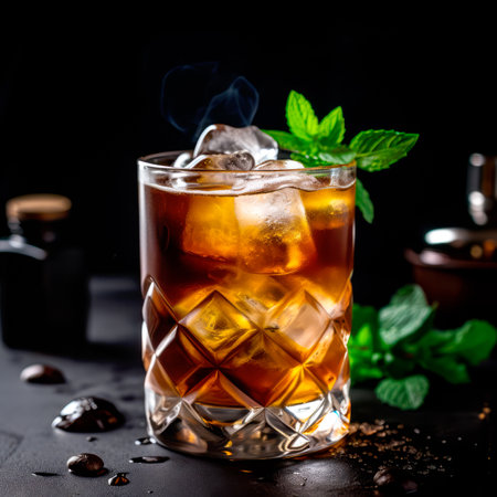A Black Russian, coffee based cocktail with ice and mint leaves on a dark smokey background, showcasing mix of vodka and coffee liqueurの素材