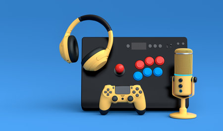 Top view gamer gears like mouse, microphone, joystick, headphones, vintage arcade stick and VR glasses on blue background. 3d render of accessories for live streaming conceptの写真素材
