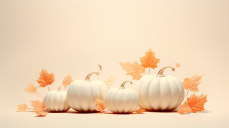 A bunch of pumpkins and leaves in the style of minimalist backgrounds. Template for Happy Halloween banner with autumn elements on pastel beige backdrop. 3d render styleの素材