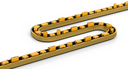 Airport luggage conveyor belt or baggage claim area with suitcases on white background. 3d render of travel vacation concept.の写真素材