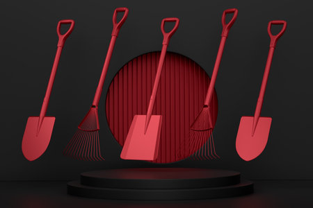 Garden equipment and supply on podium or pedestal on monochrome background. 3d render of display product like farm equipment and accessoriesの写真素材