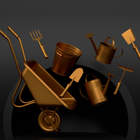 Garden equipment and supply on podium or pedestal on monochrome background. 3d render of display product like farm equipment and accessoriesの写真素材