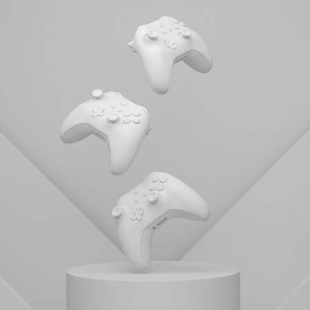 Set of video game joystick on cylinder podium with steps on monochrome background. 3d render of...