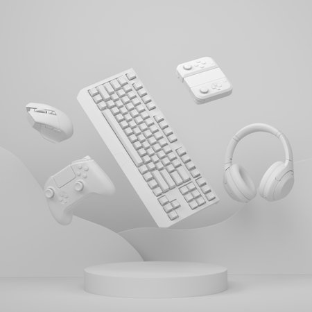 Set of video game joystick, keyboard and headphones on cylinder podium on monochrome background. 3d...