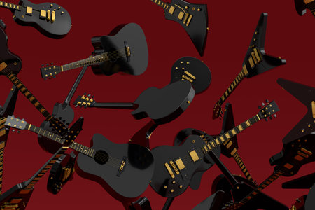 Many of flying electric guitars isolated on black background. 3d render of concept for rock festival poster with spanish guitar for music shopの写真素材