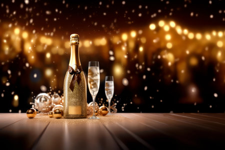 Champagne bottle on black background with champagne glasses. Sparkling lights and bokeh on backdrop.の素材