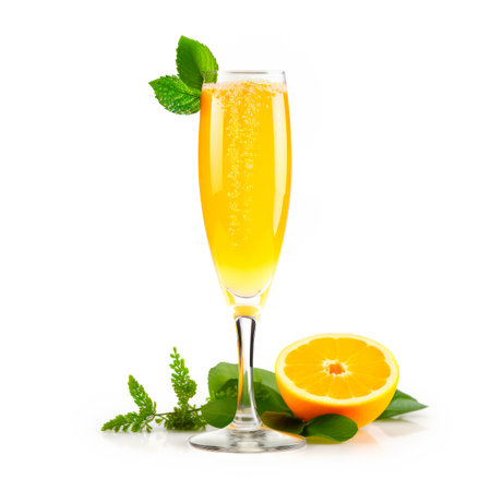 Mimosa cocktail crafted with a bubbly champagne and orange juice presented in a clear champagne flute of isolated on white background. Mocktail garnished with slice of citrus and sprig of fresh mintの素材