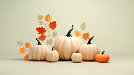 A bunch of pumpkins and leaves in the style of minimalist backgrounds. Template for Happy Halloween banner with autumn elements on pastel beige backdrop. 3d render styleの素材