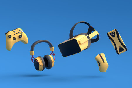 Top view gamer gears like joystick, VR glasses, headphones and mouse on blue background. 3d render of accessories for live streaming conceptの写真素材