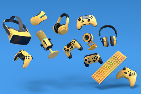 Top view gamer gears like mouse, keyboard, joystick, headphones and microphone on blue background. 3d render of accessories for live streaming conceptの写真素材