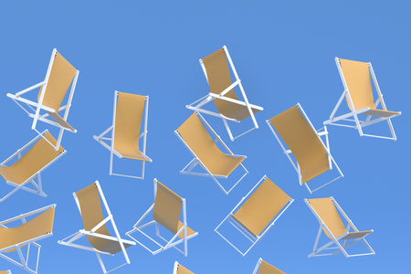 Many of flying striped beach chairs isolated on blue background. 3d render of summer vacation concept, beach and ocean vacations, summer getawaysの写真素材