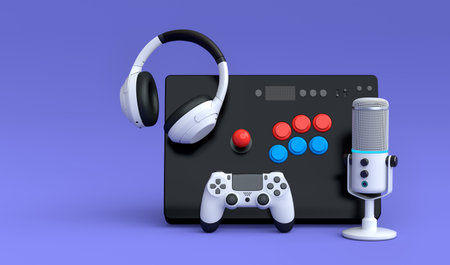 Top view gamer gears like mouse, microphone, joystick, headphones, vintage arcade stick and VR...