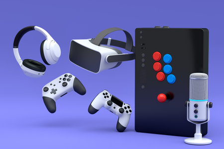 Top view gamer gears like mouse, microphone, joystick, headphones, vintage arcade stick and VR...