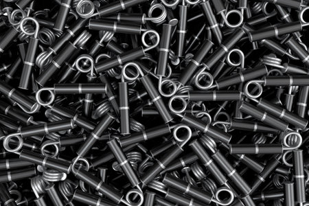 Pile of sport equipment likes hand expander or resistance band with rubber handle on black background. 3d render of sport equipment for fitness, trx and powerliftingの写真素材