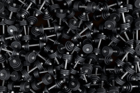 Pile of sport equipment like kettlebell, barbell and dumbbell on black background. 3d render of power lifting, fitness and gym conceptの写真素材