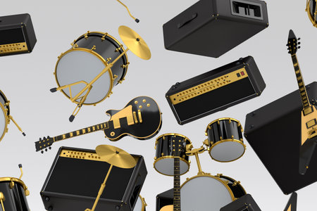 Many of flying acoustic guitars, drums with metal cymbals or drumset and amplifier isolated on white...