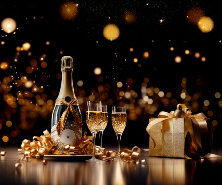 Champagne bottle on black background with champagne glasses and gift boxes. Sparkling lights and bokeh on backdrop.の素材