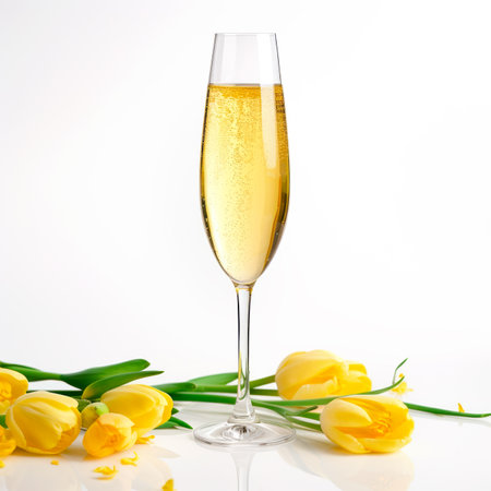 A crystal-clear flute glass of champagne or wine and a vase containing yellow tulips isolated on white background, its golden bubbles dancing elegantly against the glass, exuding a sense of celebration and sophisticationの素材