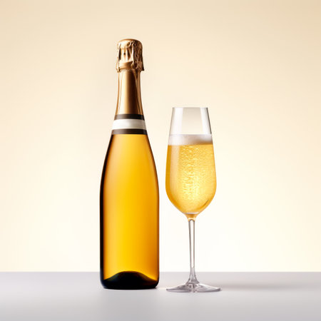 A crystal-clear flute glass of champagne and bottle isolated on white background, its golden bubbles dancing elegantly against the glass, exuding a sense of celebration and sophisticationの素材