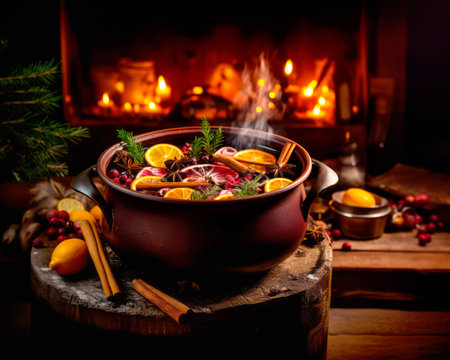 Christmas red mulled wine in a cup with cinnamon sticks, orange slices and winter decorations on wooden background.の素材