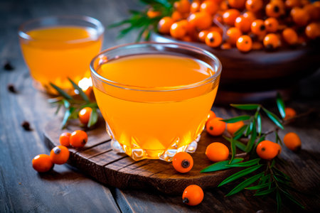 A glass of sea-buckthorn berries drink or green oolong tea on wooden table with copy space. Chinese traditional tea ceremonyの素材