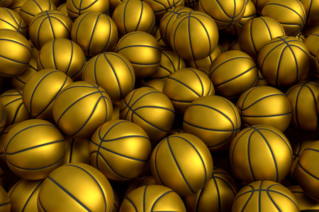 Many of flying gold basketball ball falling on black background. 3d render of sport accessories for team playing games, exercise and competitionの写真素材