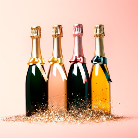 Colorful glittery and shiny champagne bottles set with bow on a pink background, exuding a sense of celebration and sophisticationの素材
