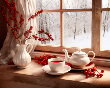 Christmas red mulled wine in a cup with cinnamon sticks, orange slices and winter decorations on wooden table, decorated with berries near window with snow scenesの素材