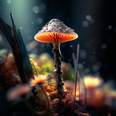 Different types of glowing mystical mushrooms, fantasy mushroom forest with bokeh. Nano macro world with mosses, lichens and flowersの素材