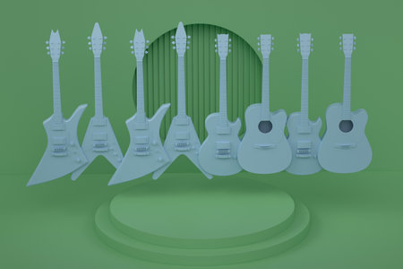 Acoustic guitars and drums with cymbals on podium or pedestal on monochrome background. 3d render of...