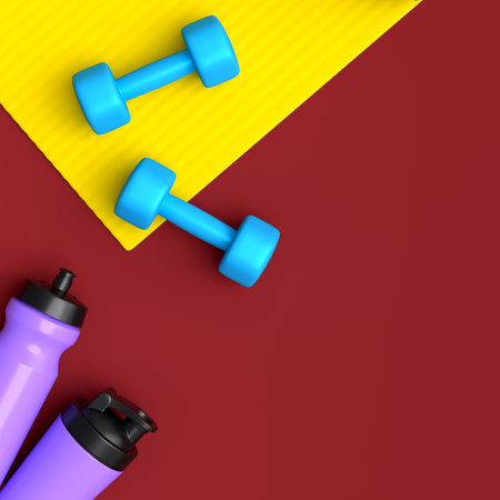 Isometric view of sport equipment like yoga mat, dumbbell, water bottle and smart watches on red background. 3d render of power lifting and fitness conceptの写真素材
