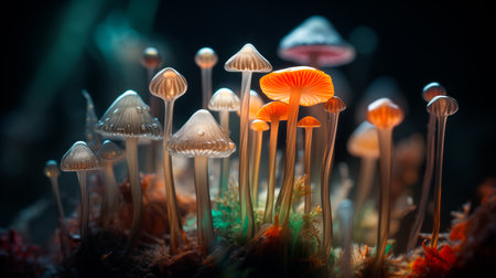 Different types of glowing mystical mushrooms, fantasy mushroom forest with bokeh. Nano macro world with mosses, lichens and flowersの素材