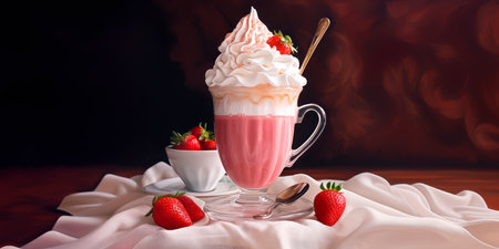 A strawberry cappuccino with whipped cream in glass cup sitting on a white close and bokeh backdrop. Autumn and Winter mood concept. Festive atmosphere and relax timeの素材