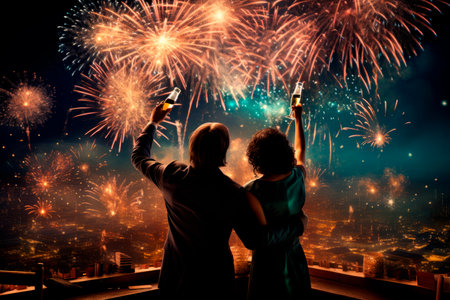Two people are hands holding champagne glasses in front of fireworks and cityscapes. Blurred background with bokeh effectの素材