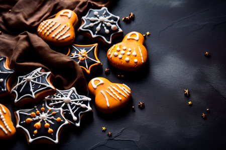 Collection of glazed gingerbread cookies on black table. Halloween candies in shape of pumpkins, ghosts and webの素材