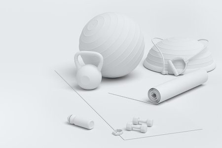 Isometric view of sport equipment like yoga mat, kettlebell, fitness ball and smart watches on monochrome background. 3d render of power lifting and fitness conceptの写真素材