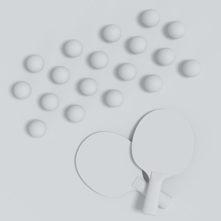Pair of table tennis rackets for table tennis with ball on blue background. 3d render of sports equipment for active trainingの写真素材